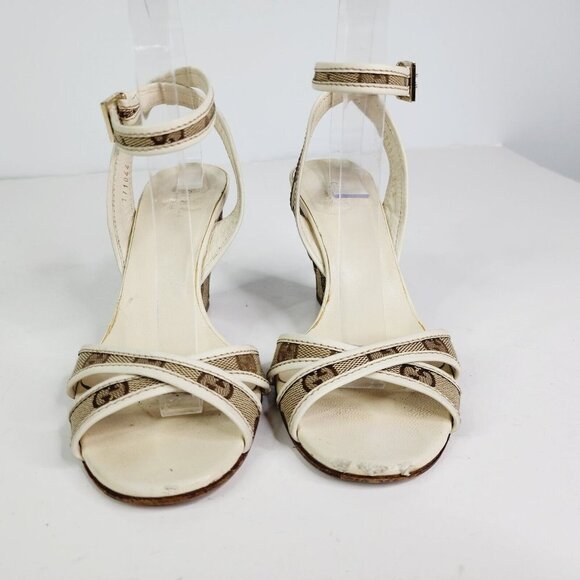 GUCCI Beige GG Canvas Monogram Cross Strap Wedge Ankle Strap Sandal Size 6.5 B - Picture 12 of 16